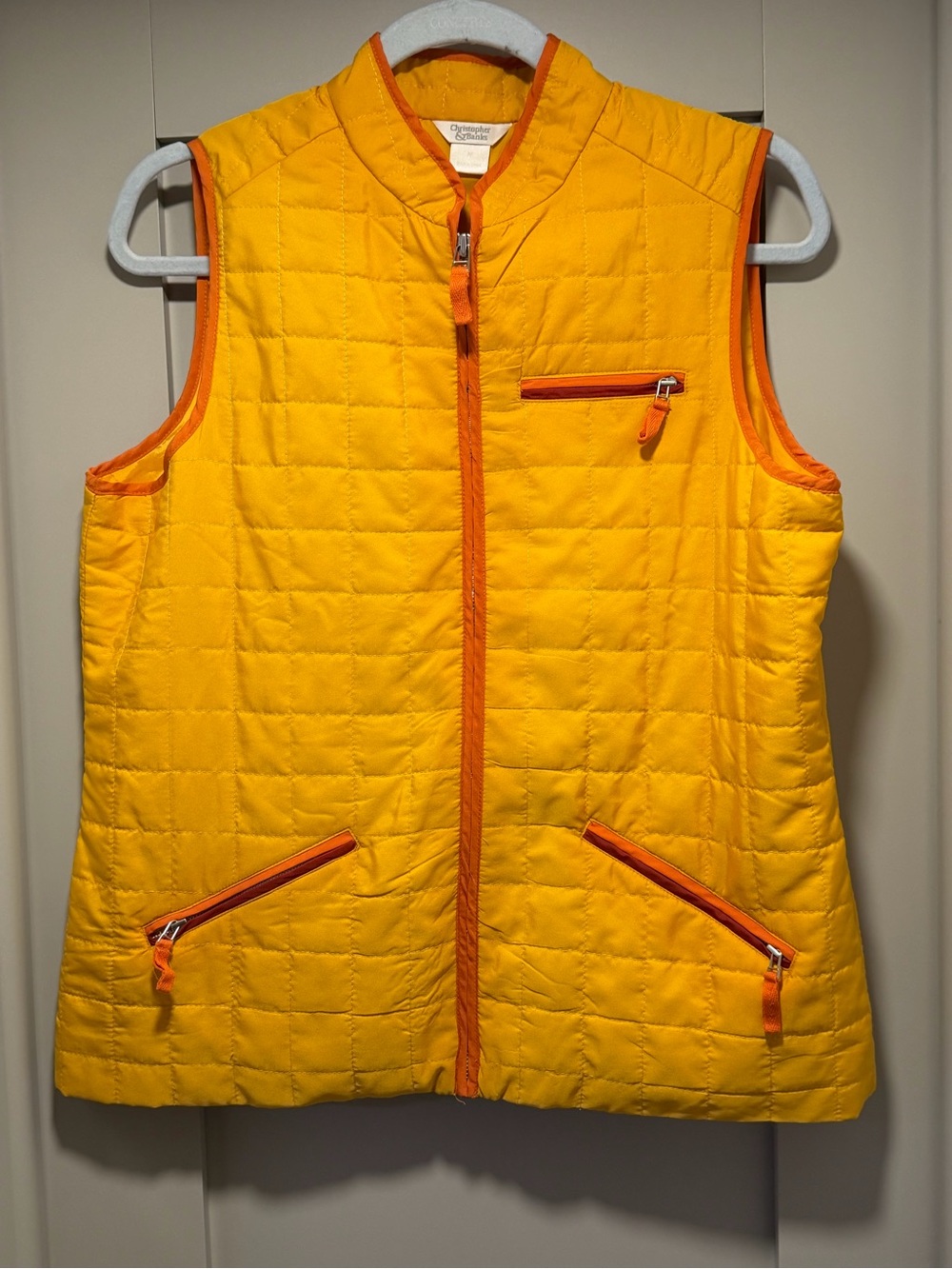 Christopher & Banks Bright Yellow Quilted Vest with Orange Trim
